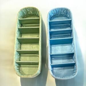 Set of 2 Vintage Quilted Blue Green Satin Dresser Vanity Storage Boxes